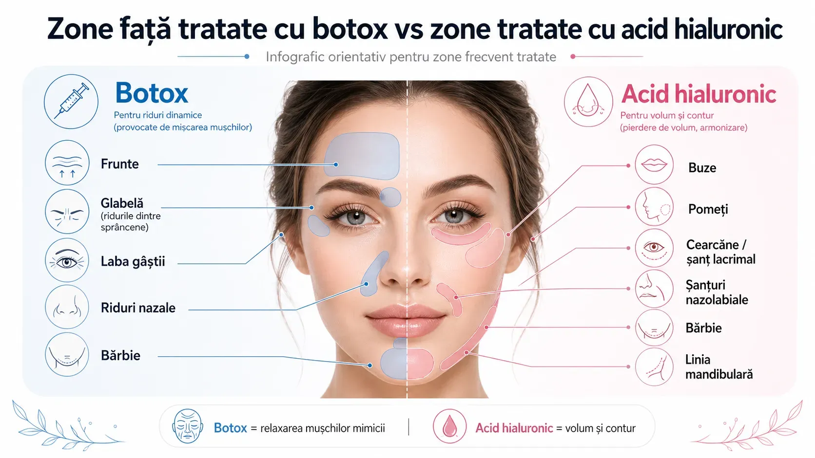 Zone față tratate cu botox vs zone tratate cu acid hialuronic
