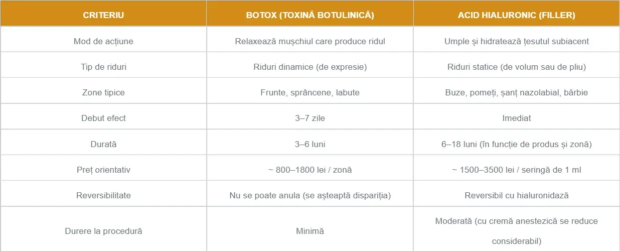 Tabelul comparativ botox vs acid hialuronic